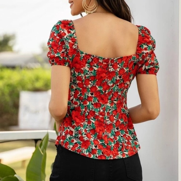 Floral Print Red and Green Puff Sleeve Blouse Top Size Small S - Picture 10 of 16